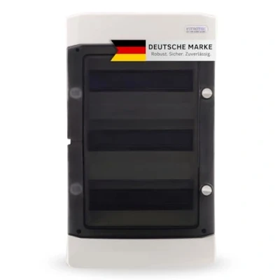 Abbildung von Sicherungskasten Aufputz IP65 Feuchtraum Verteiler Kleinverteiler 3 reihig 36 Module Installation im Garten oder andere Außenbereiche Stromverteiler Verteilerkasten Schaltkasten Aufputzverteiler