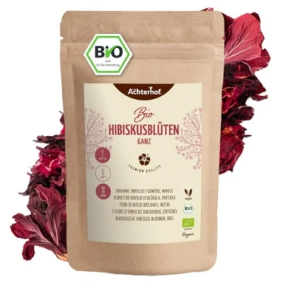 Abbildung von Hibiskusblüten Bio ganz getrocknet 250g leicht säuerlich fruchtiger Geschmack in Qualität süß aromatischer Hibiskustee ideal für Salate, Desserts, Kuchen, Joguhrts vom Achterhof