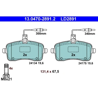Abbildung von ATE Ceramic 13.0470 2891.2 Bremsbelagsatz inkl. Verschleißwarnkontakt mit Bremssattelschrauben PEUGEOT: 407 SW, Limousine, SW Kasten / Kombi