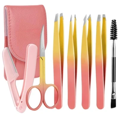 Abbildung von Pinzette Set Edelstahl (7 Stück), Präzisions Pinzetten Edelstahl, Augenbrauen mit Schere, Rasiermesser, Spiegel Für Eingewachsene Haare, Damengeschenke, Pink