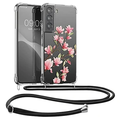 Abbildung von kwmobile Necklace Case kompatibel mit Samsung Galaxy S22 Hülle Silikon Cover Handykette Rosa Weiß Transparent Magnolien