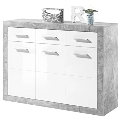 Abbildung von STONE Sideboard in Beton Optik, Weiß Hochglanz Moderne Kommode mit Schubladen und viel Stauraum 117 x 88 37 cm (B/H/T)