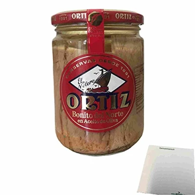 Abbildung von Conservas Ortiz Bonito del Norte &quot;Weißer Thunfisch in Olivenöl&quot; (400g Glas) + usy Block