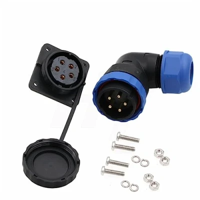 Abbildung von HangTon HE29 5 Pin Wasserdichter rechtwinkliger Stromanschluss 25A, Männlich Weiblich Draht Stecker Panel Mount Buchse, Outdoor Marine Elektrische Rundlöten Kunststoff Gewinde