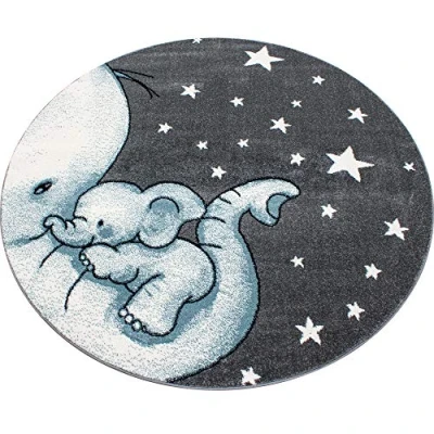 Abbildung von Carpetsale24 Kinderteppich niedliches Elefant Muster Grau und Blau 160 cm Rund Kurzflor Teppich Kinderzimmer für Junge Mädchen Pflegeleicht Waschbar Spielteppich Babyzimmer Babyteppich Runder