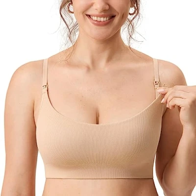 Abbildung von MOMANDA Damen Still BH ohne Bügel Soft Gepolstert Gerippt Schwangerschafts BHS Schlaf Bequemer Beige 2 M