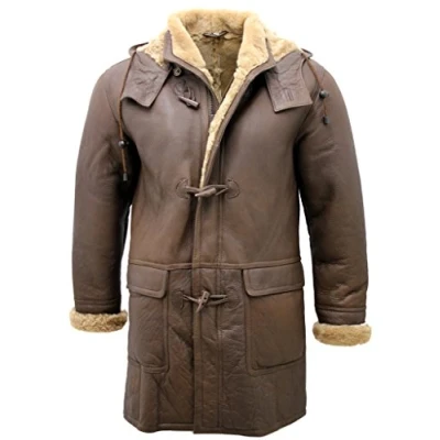 Abbildung von Infinity Herren Braun Schaffell Leder abnehmbarer Kapuze Dufflecoat XL