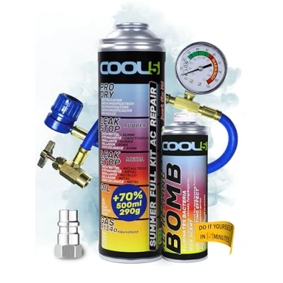 Abbildung von COOL5 5in1 r134a kältemittel nachfüllset, klimagas für das Auffüllen von Klimaanlagen Fahrzeuge 1995 2016 + Druckleitung mit Manometer Refresher Bombe R12 Adapter APC 500ml