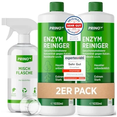 Abbildung von PRINOX® 2 x 1030ml Enzymreiniger Konzentrat inkl. Mischflasche I STARKER GERUCHSENTFERNER Ergibt bis zu 80L Geruchsneutralisierer Beseitigt Hundeurin, Katzenurin Geruch tiefgreifend uvm.