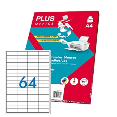Abbildung von Plus Office Weiße selbstklebende Etiketten zum Drucken, 100 Blatt Aufkleber Papier auf A4 für Inkjet Drucker, Laser und Fotokopierer, 64 pro (48,5 x 17 mm)