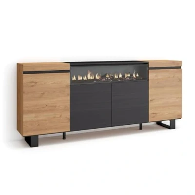 Abbildung von Skraut Home Sideboard, Highboard Kommode, Komodenschrank 200x87x35cm 4 Türen Elektrokamin. Maße Industriedesign Moderner Stil Eiche Schwarz