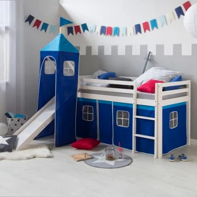 Abbildung von Homestyle4u Hochbett 90x200 cm Stockbett Kinderbett Holz Kiefer Weiß Blau mit Vorhang, Turm, Rutsche, Lattenrost