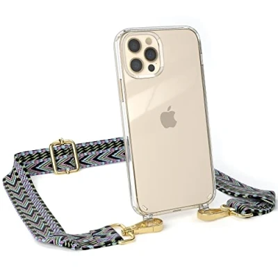 Abbildung von EAZY CASE Handykette Verstellbarer Trageriemen kompatibel mit iPhone 12/12 Pro, Schulterriemen, dünner Riemen, Handykordel Hülle, Schultertasche, Lila/Grün Clip Gold