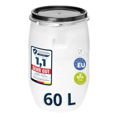 Abbildung von Garronda 60 Liter Deckelfass Weithalsfass aus HDPE Regenfass für Garten Fass 60l Wassertonne Futtertonne Wasserbehälter Universalfass Wasserfass Lebensmittelfass Wassertank GD 0078, Weiß