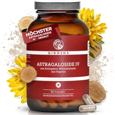 Abbildung von QIDOSHA® Astragaloside IV aus Astragalus Wurzelextrakt plus Piperin, höchster Astragalosid Gehalt, 90 Kapseln im Apothekerglas, deutsche Fertigung, jede Charge laborgeprüft
