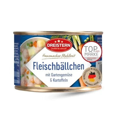 Abbildung von DREISTERN Fleischbällchen mit Gemüse und Kartoffel in der 400g Konservendose Gericht aus Little Hot Kitchen schnell &amp; einfach zubereitet