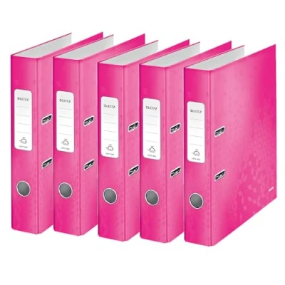 Abbildung von Leitz Qualitäts Ordner 180, 5er Pack, A4, schmal, 5,2 cm Rückenbreite, laminierte Graupappe, Pink, WOW Serie, 10064023