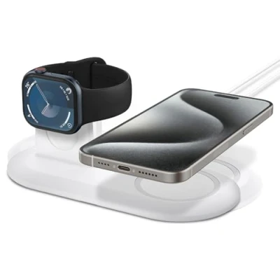Abbildung von Spigen Mag Fit Duo Designed für MagSafe Ladegerät Pad/Kompatibel mit 2020 2023, iPhone 12 16, Apple Watch Serie 1 10, Ultra 2/1 Weiß