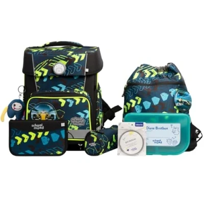 Abbildung von SCHOOL MOOD Champion Pro Elias Rennwagen Schulranzenset 7 teilig 21,5L Stauraum, ergonomisches Easy Fit System für 1 m bis 1,50 Körpergröße, standfest, wasserdichter Stoff mit Reflektoren