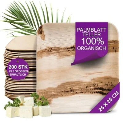 Abbildung von Waipur Bio Palmenblatt Teller 200 groß eckig 25x25 cm Premium Einmalteller kompostierbar Umweltfreundliches Partygeschirr Palmblatt Geschirr