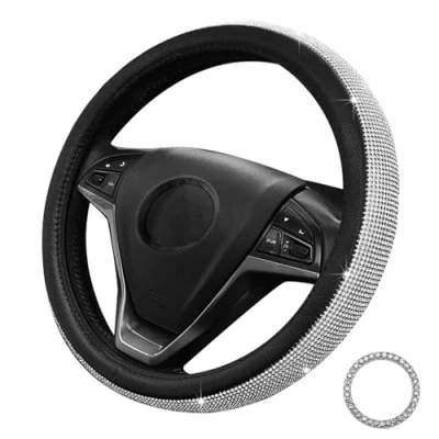 Abbildung von Lifetooler Lenkradbezug Glitzer mit Bling Strass Lenkradhülle Leder Strasssteine Atmungsaktive Universal 38cm/15 Inch Bequem Anti Rutsch Auto Accessoires für Frauen (schwarz weiß)