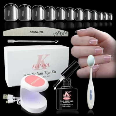 Abbildung von Nageltips Kurz And Glue Gel Kit, 552pcs X Nail Tips Square mit 5 In 1 Nagelkleber Acryl Nagelset, Mini UV Nagellampe und Nagelbürste, Full Cover Soft Tip Nagel Sets Nägel für Anfänger