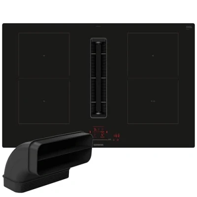 Abbildung von Siemens ED811HGA7, Smartes Induktionskochfeld mit Dunstabzug, 80 cm breit + 90º Flachkanal, vertikal L, autarkes Kochfeld, Rahmenlos aufliegend, touchSlider, Kombi Induktion für große Kochfläche