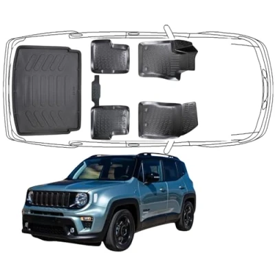 Abbildung von Trimak Passgenau 3D Fussmatten &amp; Obere Kofferraumwanne Auto Set Kompatibel mit Jeep Renegade 2014 2024 Allwetter Zubehör Gummimatten Autos TPE Geruchlos rutschfest