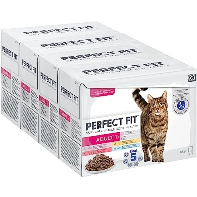 Abbildung von Perfect Fit Adult 1+ Katzennassfutter Auswahl mit Lachs, Hochseefisch, Rind und Huhn, 48 Portionsbeutel, 12x85g (4er Pack) Premium Katzenfutter nass, für erwachsene Katzen ab 1 Jahr