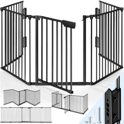 Abbildung von KIDUKU® Kaminschutzgitter mit Tür Metall 300 cm Absperrgitter Ofenschutzgitter faltbar Konfigurationsgitter inkl. 5 Elementen (Schwarz)