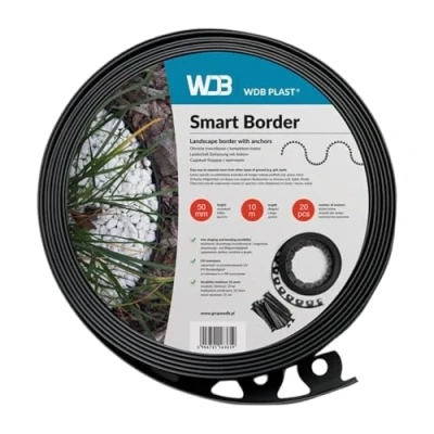 Abbildung von WDB Flexible Rasenkante aus Kunststoff 30m Lang 5cm Hoch mit 60 Befestigungsnägel Schwarz RAL 9005