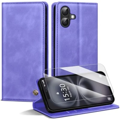 Abbildung von Handyhülle für iPhone 16 Hülle,Premium Lederhülle [Mit 1 Stück Panzer Schutz Glas] Magnet Kartenfach Klapphülle Schutzhülle 16,Lila