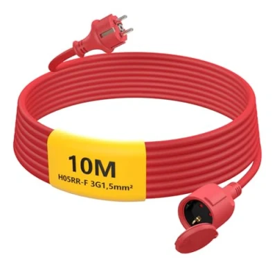 Abbildung von HUARUI Verlängerungskabel Outdoor 10m, Gummi Stromkabel Verlängerung mit Schuko Stecker für den Außenbereich IP44, Kabelverlängerung H05RR F 3G1,5mm² Schutzkappe, Elektrokabel außen, 3500W, rot