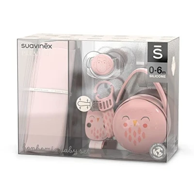 Abbildung von Suavinex, Neugeborene Set. Babygeschenk mit: Schnuller 0 6 Monate mit physiologischer SX Pro Silikon Sauger + Duo Schnullerbox Schnullerkette. Bonhomia, Rosa