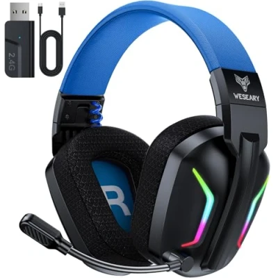 Abbildung von WESEARY WG1 Bluetooth Kopfhörer, 2,4G Wireless Gaming Headset mit Mikrofon für PS5, PS4, PC, Switch, Mac, Faltbarer Surround Sound Noise Cancelling RGB Licht, Über 50 Stunden Akkulaufzeit