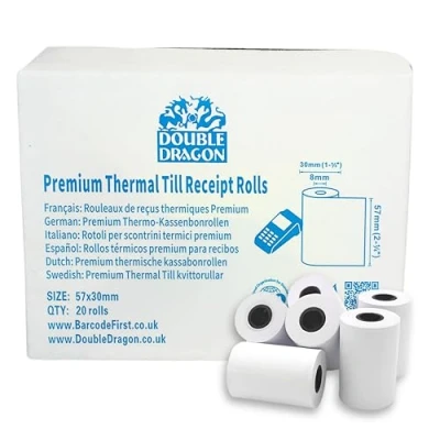 Abbildung von 57 x 30 mm Thermopapier Kassenrollen für Kreditkarten, alle PDQ Maschinen (20 Rollen), kompatibel mit SumUp, Ingenico, PayZone, Verifone, Clover Drucker, Zettle Terminals und mehr