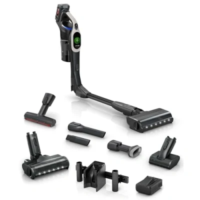 Abbildung von BOSCH Akku Stielstaubsauger &quot;Unlimited 10 BKS1051GQC, MicroClean™ Technology, Display, knickrohr&quot;, HEPA Filtersystem, Jahre Motorgarantie, Schnellladegerät, grau