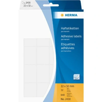 Abbildung von HERMA 2430 Vielzweck Etiketten, 640 Stück, 22 x 32 mm, 20 pro Bogen, selbstklebend, Haushaltsetiketten zum Beschriften, matt, blanko Papier Klebeetiketten Aufkleber, weiß