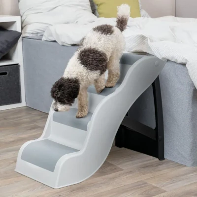 Abbildung von TRIXIE 4 stufige leichte Haustiertreppe, zusammenklappbare Hundetreppe für Couch und Bett, rutschfeste Gummi Laufflächen, ideal kleine Hunde Katzen, Grau