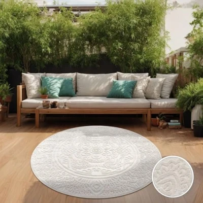 Abbildung von TT Home In &amp; Outdoorteppich Wetterfest Balkon Schlafzimmer Boho Skandi Motiv Unifarben, Farbe:Creme 3, Größe:200 cm Rund