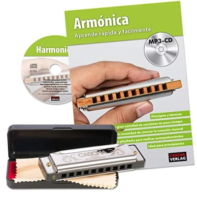 Abbildung von CASCHA Mundharmonika Anfänger Set mit spanischer Schule, Blues Harmonica spielen lernen, inklusive Case, Pflegetuch und Lehrbuch, C Dur Harmonika, Silber