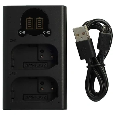 Abbildung von vhbw Dual Ladegerät kompatibel mit Panasonic DMW BLK22, BLK22E Kamera/Akku Ladeschale + Micro USB Kabel Display, 8,4 V