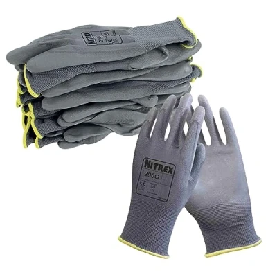 Abbildung von NITREX 290G Arbeits und Sicherheitshandschuhe, 10 Paar schwarze Handschuhe für allgemeine Handhabung mit PU Handflächenbeschichtung, Größe 6, XS