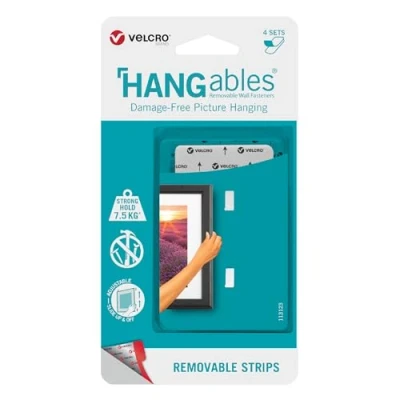 Abbildung von VELCRO Marke HANGables Abnehmbare Bildaufhängestreifen Starke selbstklebende Streifen Weiß 4 Sets halten bis zu 7,5 kg Set aus Stück