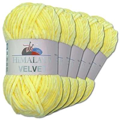 Abbildung von Wohnkult Himalaya 5 x 100 g Velvet Dolphin Wolle 40 Farben zur Auswahl Chenille Strickgarn Glanz Flauschgarn Accessoire Kleidung (90002 Sonnengelb)