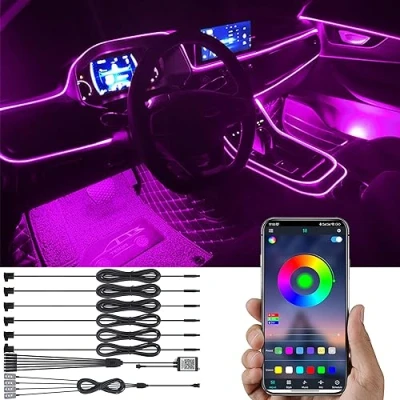 Abbildung von TABEN Auto Umgebungsbeleuchtung Kit 8 m Glasfaser 64 Farben Bluetooth APP Steuerung USB Fußraum Atmosphärenlicht, DIY 16 Millionen RGB Mehrfarbig Soun Musik Sync Innenbeleuchtung DC 12 V