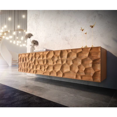 Abbildung von Lowboard Solu 175 cm Akazie Natur 2 Türen Schübe schwebend 3D Front