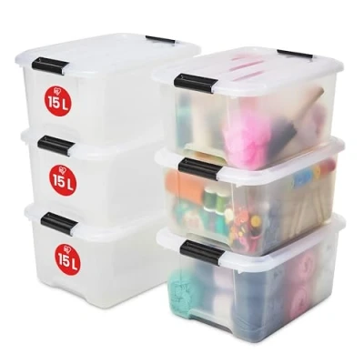 Abbildung von Iris Ohyama Aufbewahrungsbox mit Deckel, 15L, 6er Set, Transparent, Schnappverschlüsse Griffen, Stapelbar, Stark &amp; Langlebig, Für Kleidung, Garage, Zuhause, Büro, Plastikbox, Lagerung TB 15