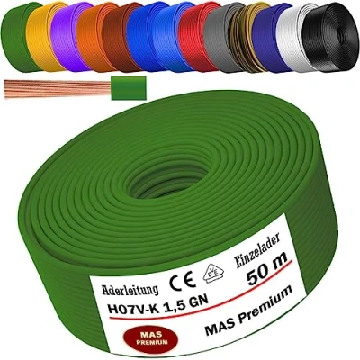 Abbildung von MAS Premium Von 5 bis 100m Aderleitung H07 V K 1x1,5 mm² SW, HBL, GNGE, GN, RT, DBL, BR, OR, GR, WS, VIO, U MAR.BL oder GE Einzelader flexibel (Grün, 50m)