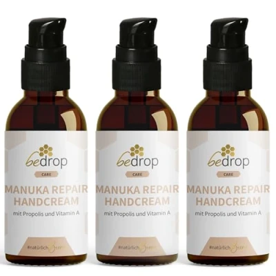 Abbildung von bedrop Manuka Repair Handcream/feuchtigkeitsspendende Handcreme mit Honig, Propolis &amp; Vitamin A, auch bei beanspruchte gerissene Hände anwendbar (3x 25ml Sparset)